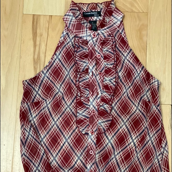 Deep Red Sleeveless Sheer Ruffle Blouse. - Picture 1 of 4